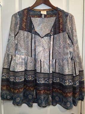 Knox Roze Sz S Boho Paisly Peasant Blouse
